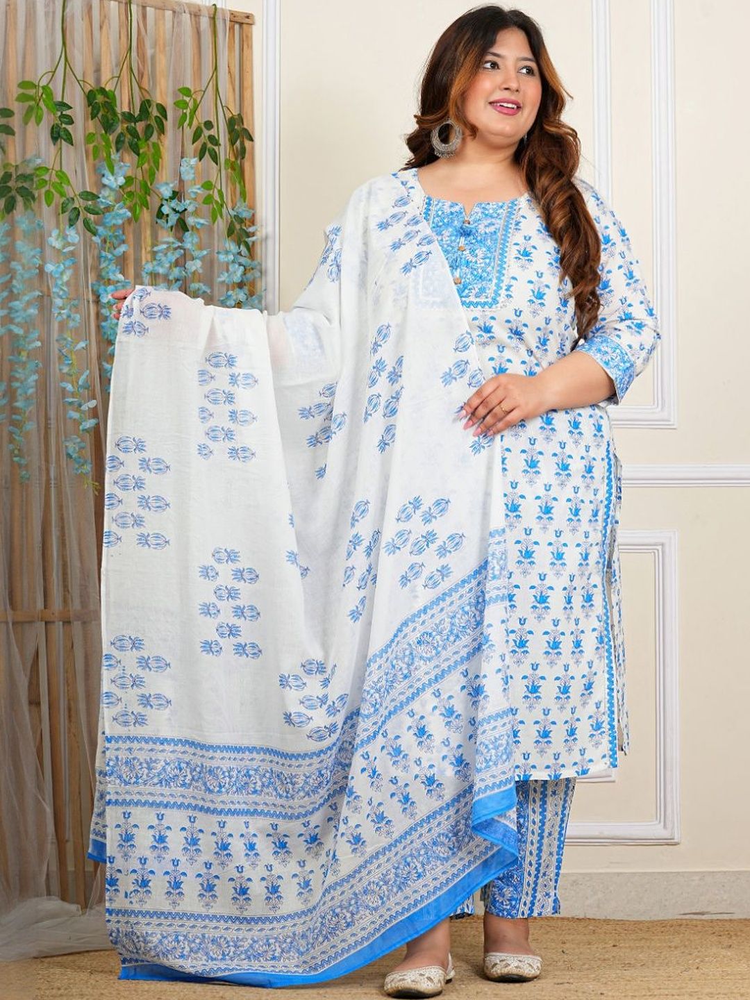 Dhiyona KL Women Ethnic Motifs Printed Pure Cotton Straight Kurta With Trousers & Dupatta