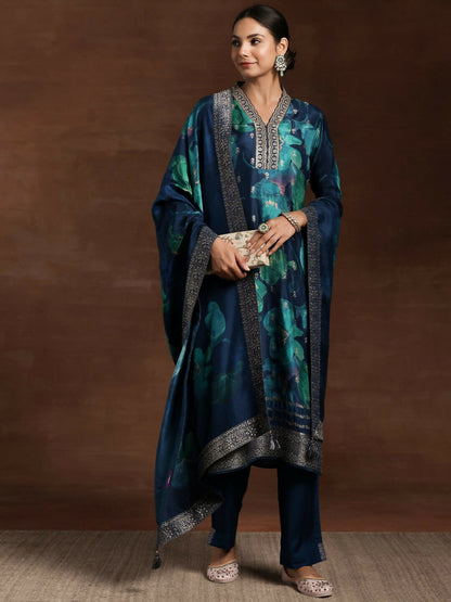 Women's LB Blue Printed Silk Blend Straight Suit With Dupatta