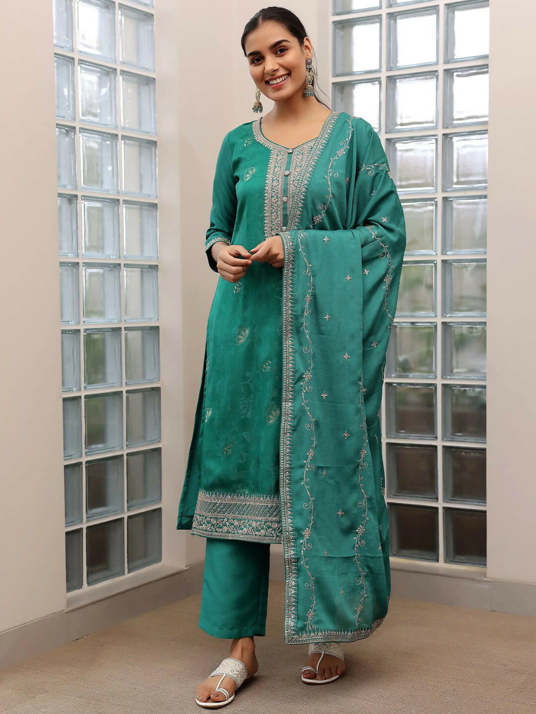 Women's LB Turquoise Woven Design Silk Blend Straight Suit With Dupatta