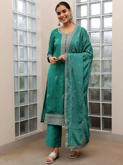 Women's LB Turquoise Woven Design Silk Blend Straight Suit With Dupatta