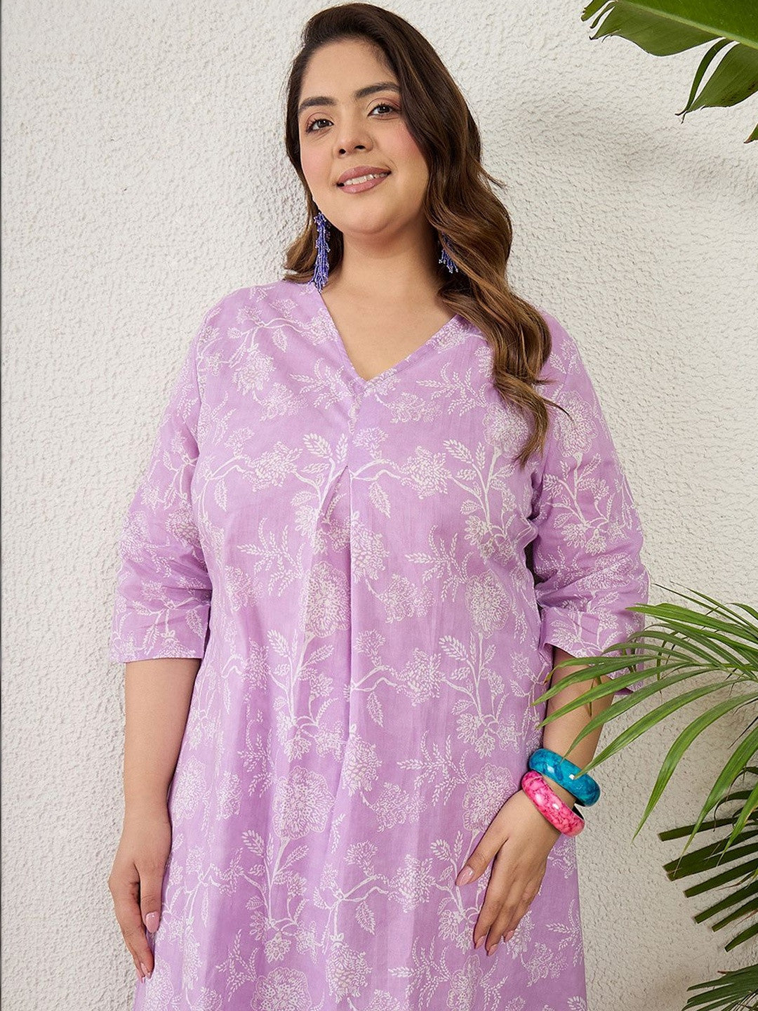 Plus Size Lavender Printed A-Line Kurta Trousers Set