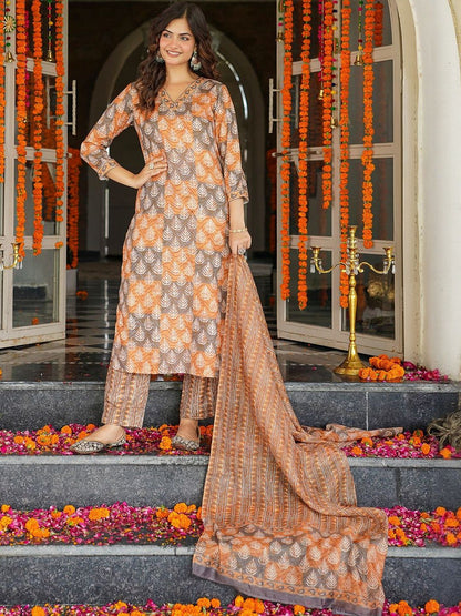 Dhiyona KL Ethnic Motifs Printed V-Neck Straight Kurta With Trousers & Dupatta