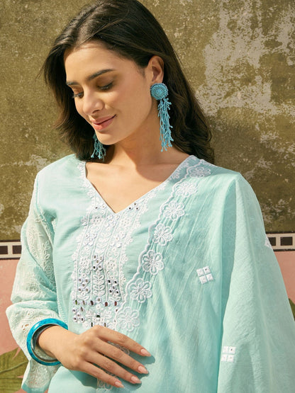 Women Ethnic Motifs Embroidered Regular Mirror Work Pure Cotton Kurta with Trousers & With Dupatta