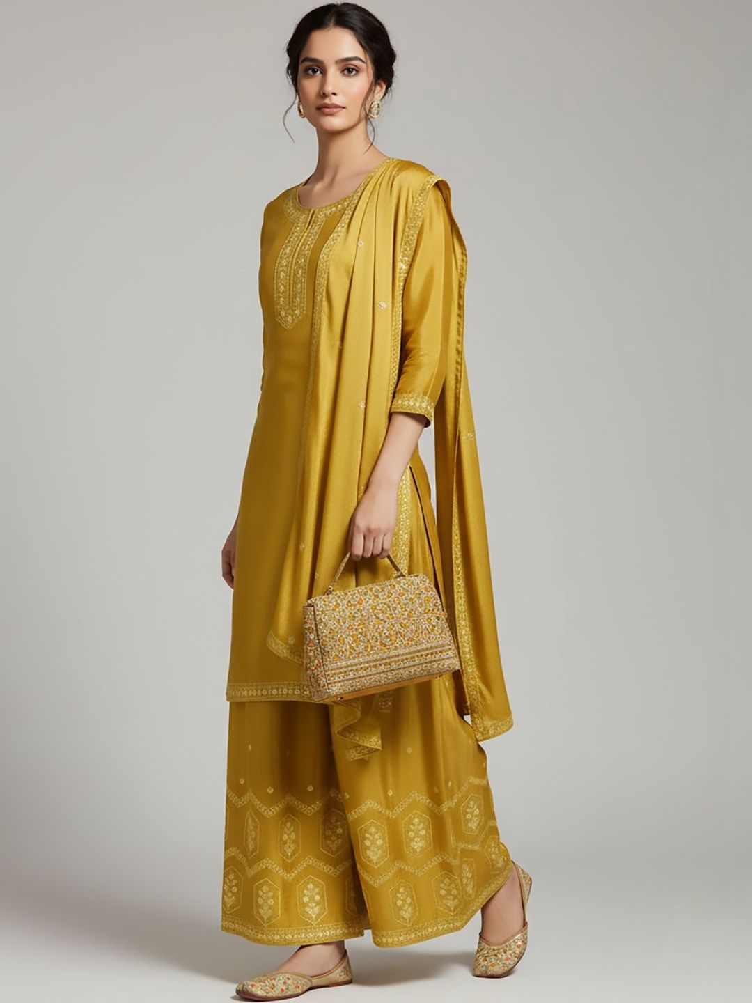 Dhiyona VA Women Ethnic Motifs Embroidered Regular Thread Work Silk Crepe Kurta with Palazzos & With Dupatta