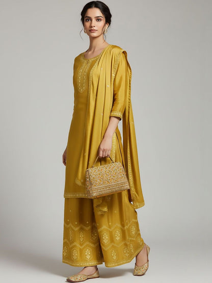 Dhiyona VA Women Ethnic Motifs Embroidered Regular Thread Work Silk Crepe Kurta with Palazzos & With Dupatta