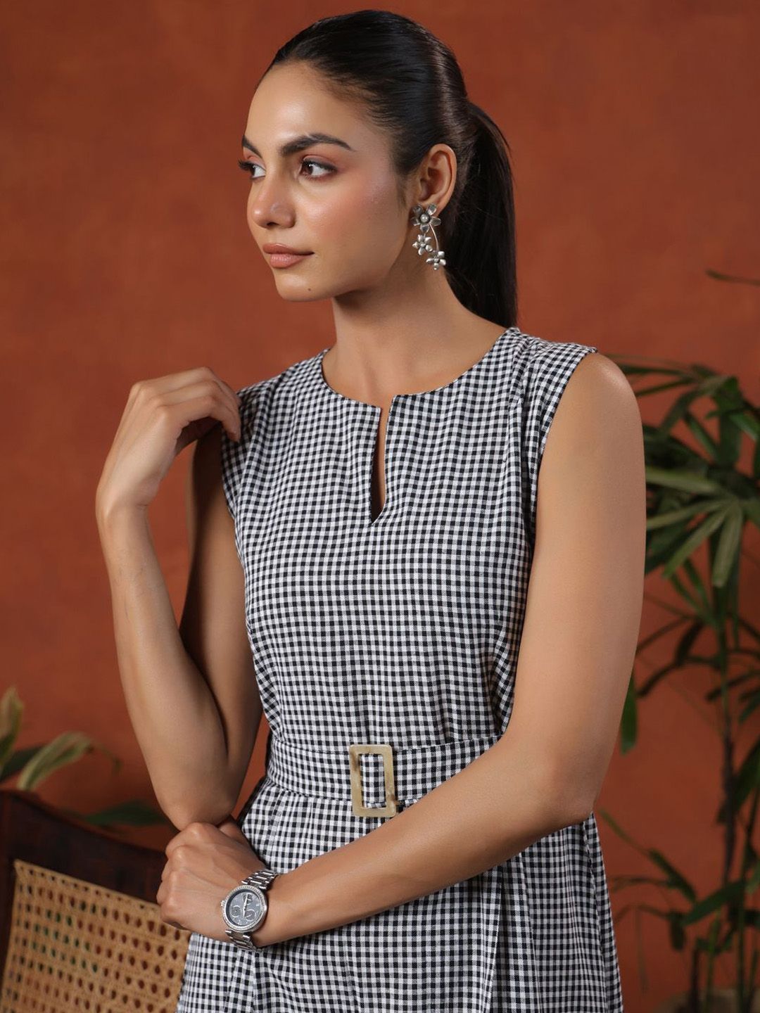 Dhiyona AY Women's Checked Cotton A-Line Midi Dress With Belt