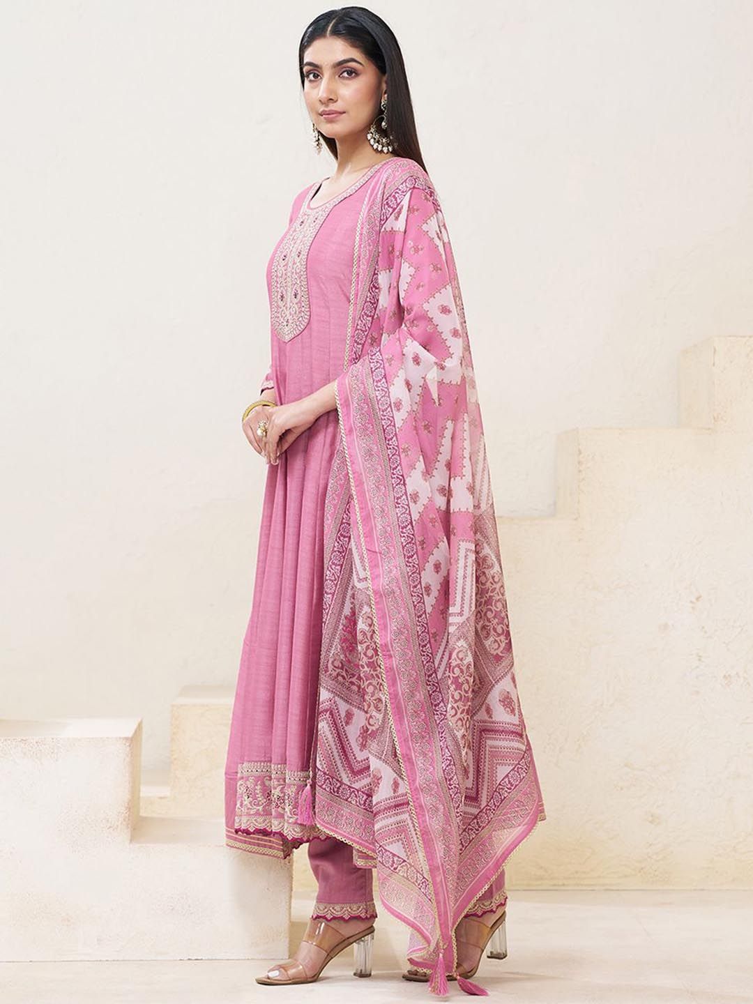 Dhiyona CH Embroidered U-Neck Anarkali Mirror Work Kurta With Trousers & Dupatta