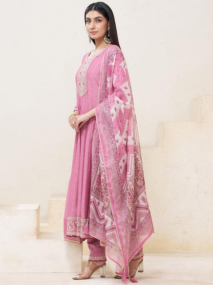 Dhiyona CH Embroidered U-Neck Anarkali Mirror Work Kurta With Trousers & Dupatta
