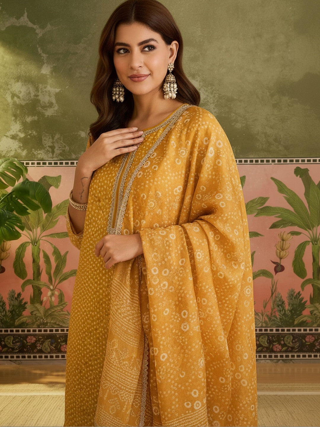 Printed Round Neck Kurta & Trousers With Dupatta