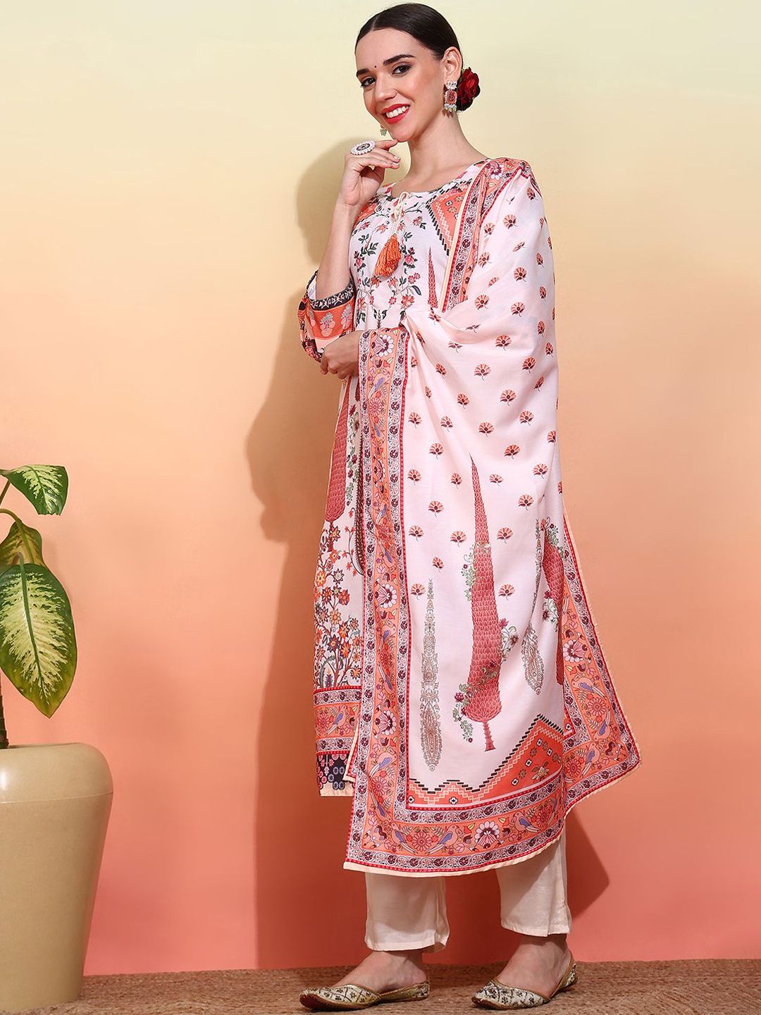 Dhiyona IS Women's Ethnic Motifs Printed Tie-Up Neck Straight Kurta With Trousers & Dupatta