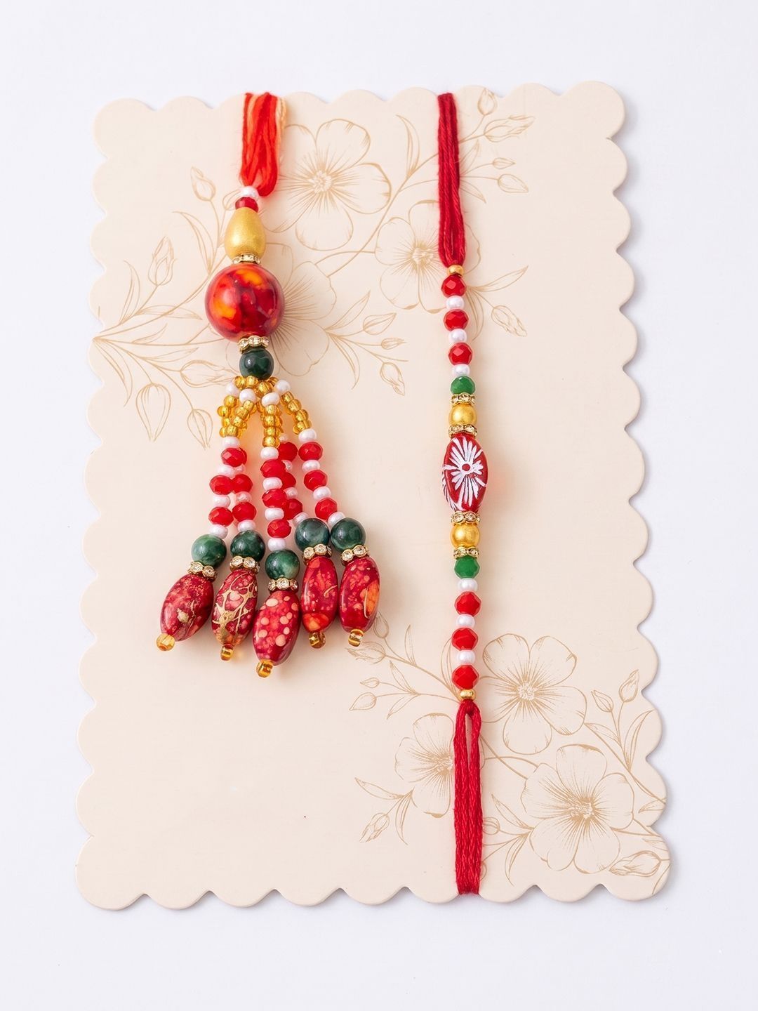 Dhiyona Set Of 2 Designer Red Artificial Beads Bhaiya Bhabhi Rakhi With Roli Chawal Chandan