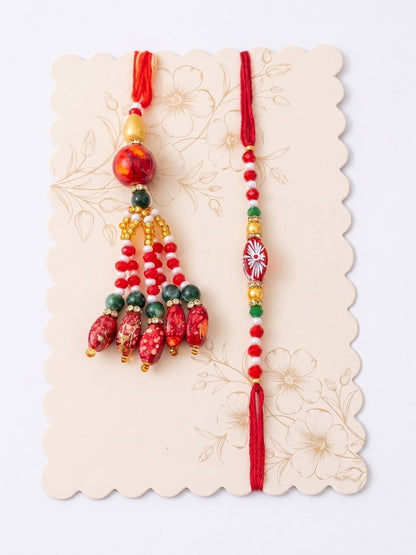 Dhiyona Set Of 2 Designer Red Artificial Beads Bhaiya Bhabhi Rakhi With Roli Chawal Chandan