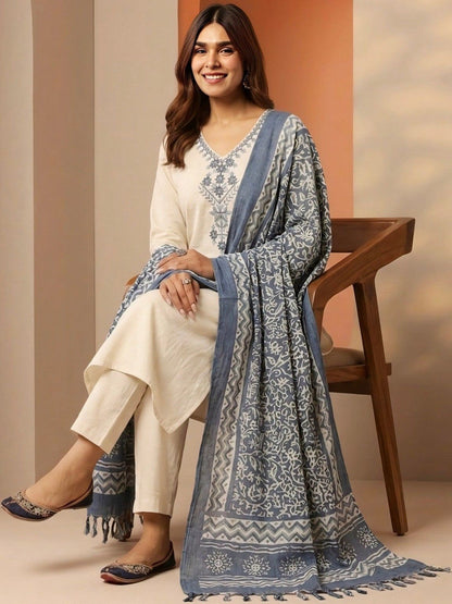 Embroidered Pure Cotton V-Neck Kurta & Trousers With Dupatta