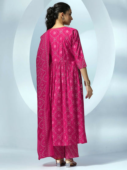 Women's LB Pink Printed Silk Blend A-Line Kurta With Trousers & Dupatta