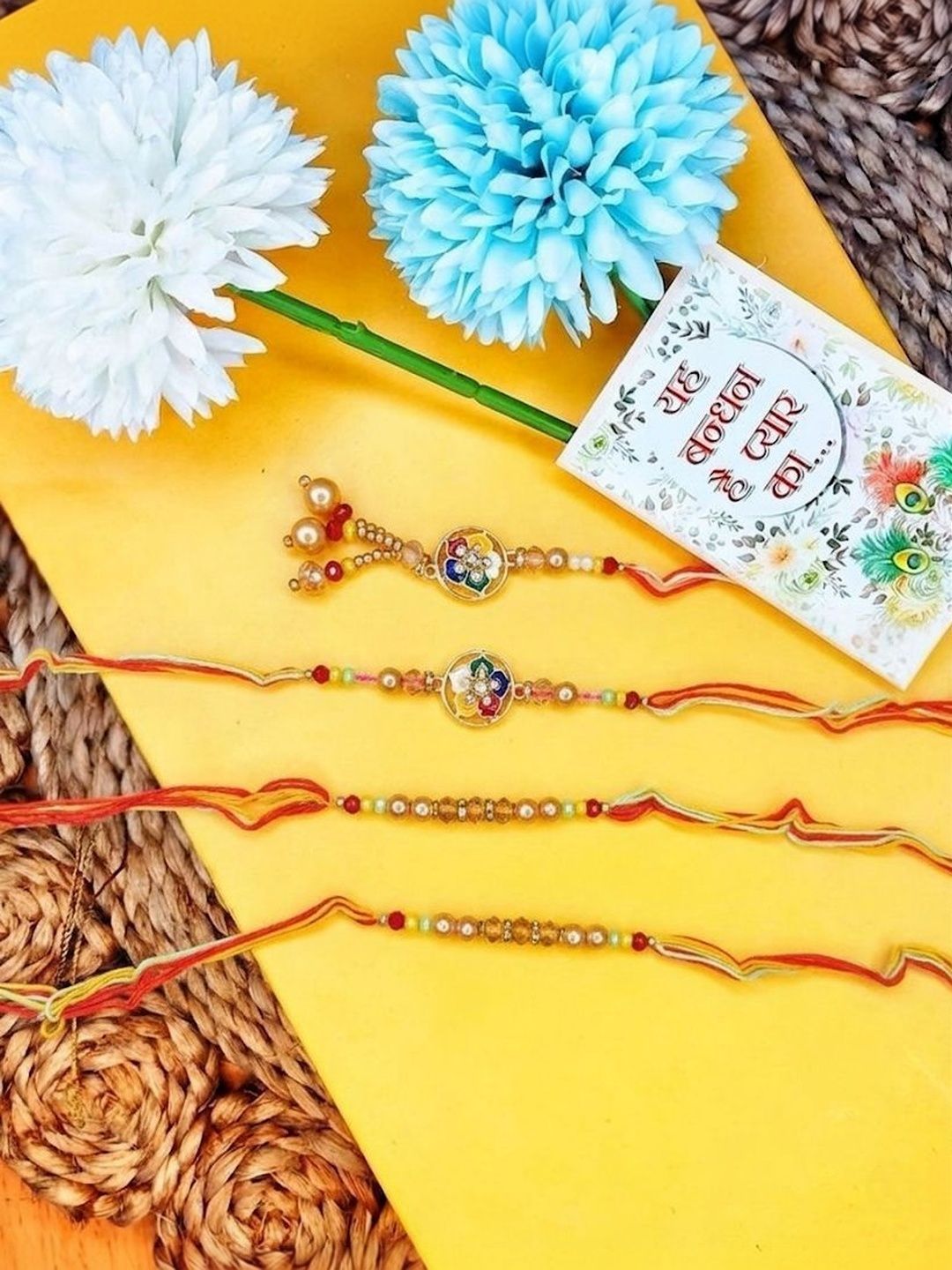 Dhiyona Set Of 4 Artificial Beads Family Pack Thread Rakhi With Roli Chawal Chandan Mishri