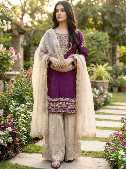 Dhiyona KL Women Ethnic Motifs Embroidered Regular Thread Work Kurta with Sharara & With Dupatta