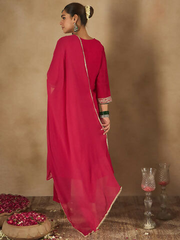 Women's Red Embroidered Straight Kurta Trousers With Dupatta Set