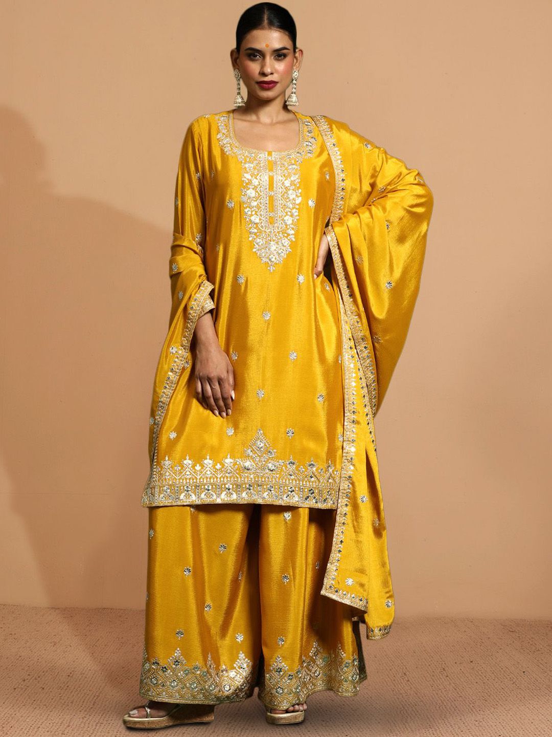 Dhiyona HOP Zari Embroidered Straight Kurta With Sharara & Dupatta