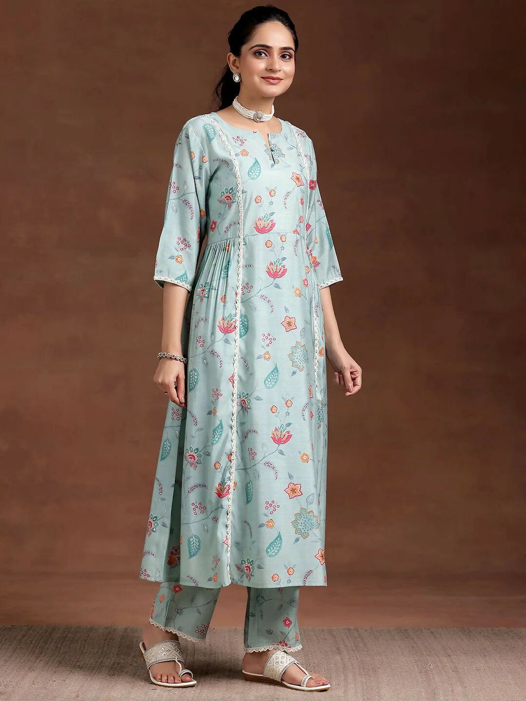 Women's LB Blue Printed Silk Blend A-Line Kurta With Trousers