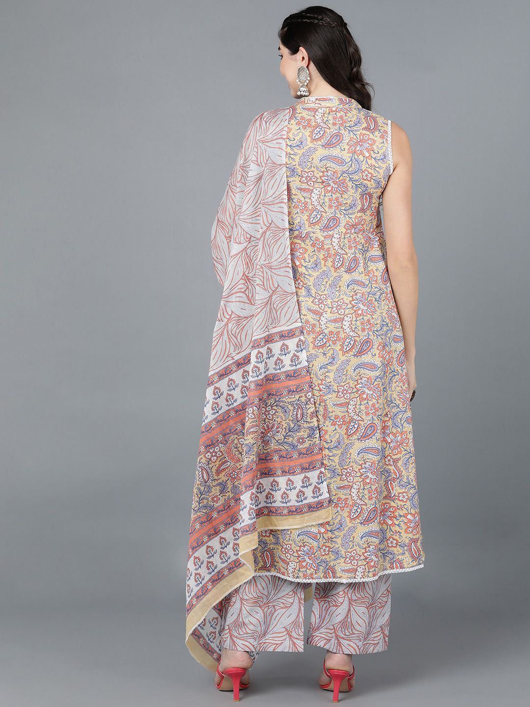 Dhiyona KL Floral Printed Empire Mandarin Collar Pure Cotton Kurta With Palazzos & Dupatta