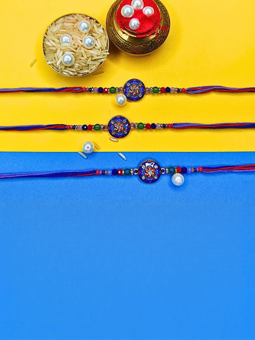 Dhiyona Set Of 3 Beaded Cotton Thread with AD Stones & Meenakari Designer Rakhi for Brother
