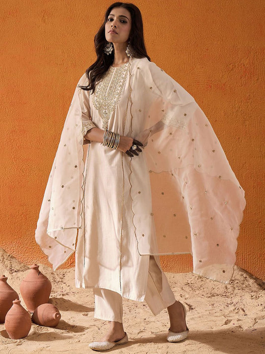 Ethnic Motifs Embroidered Straight Zari Liva Kurta with Trousers & Dupatta