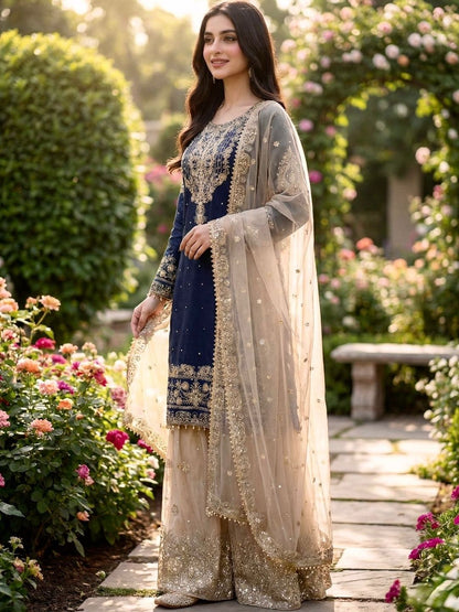 Dhiyona KL Women Floral Embroidered Regular Thread Work Kurta with Sharara & With Dupatta