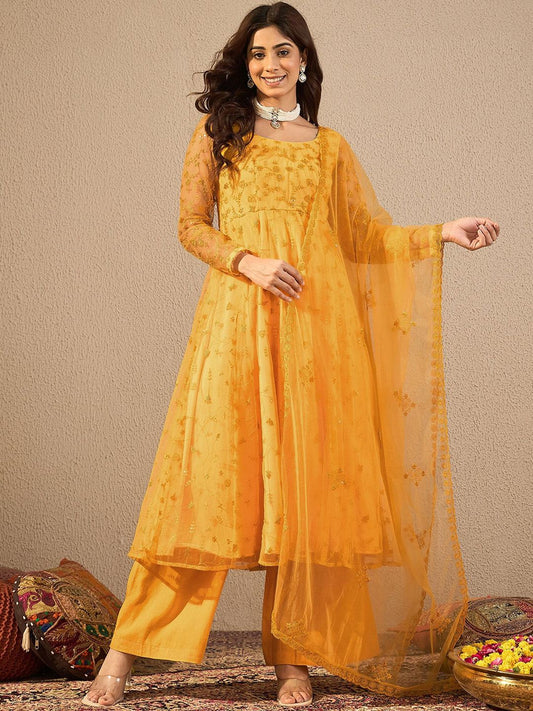Dhiyona IN Women Floral Embroidered Regular Thread Work Kurta with Palazzos & Dupatta