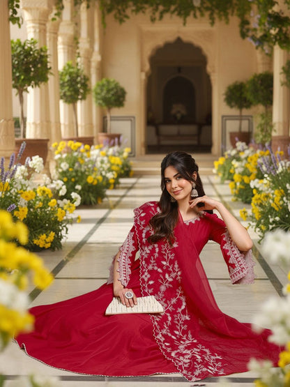 Dhiyona KL Floral Embroidered Anarkali Kurta with Trousers & Dupatta