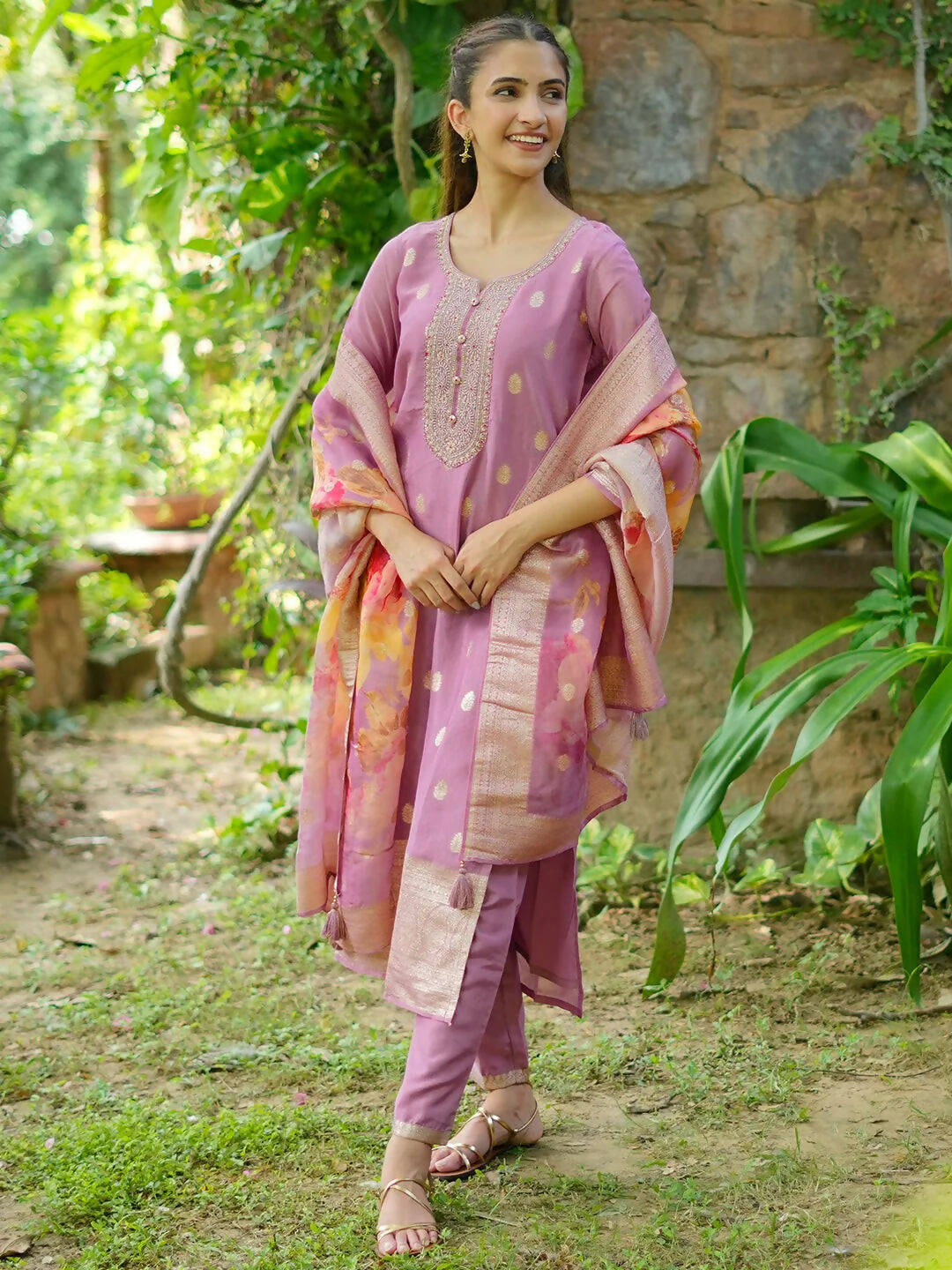 Women's LB Mauve Woven Design Silk Blend Straight Kurta With Palazzos & Dupatta