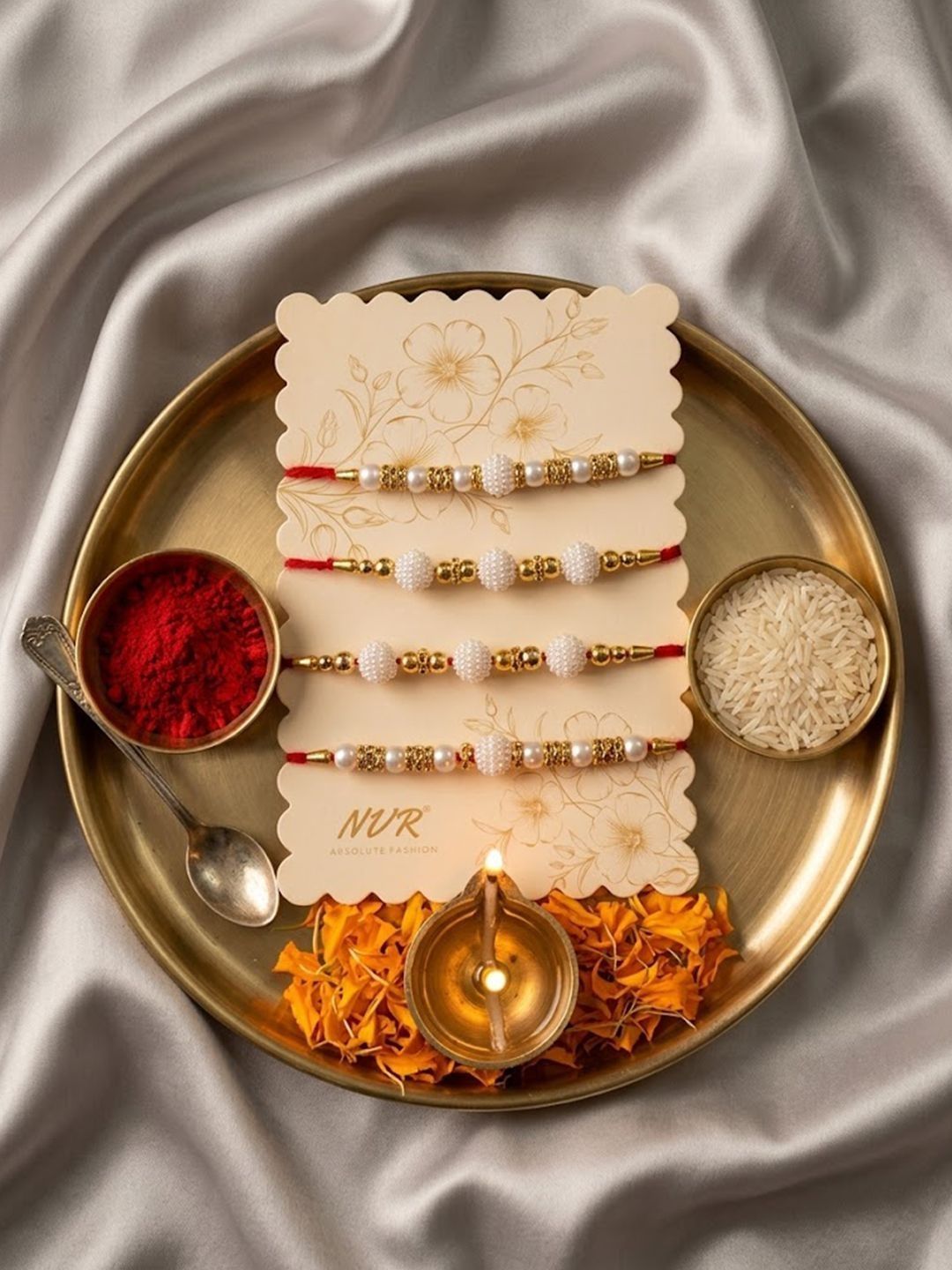 Dhiyona Set Of 4 White Pearls & Red Thread Rakhi With Roli Chawal Chandan Mishri