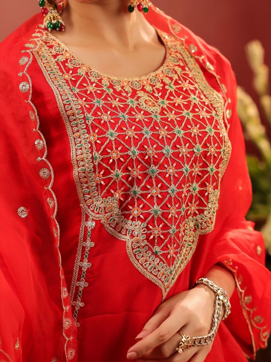 Dhiyona SC Floral Embroidered Round Neck Thread Work Organza Silk Kurta With Palazzo & Dupatta