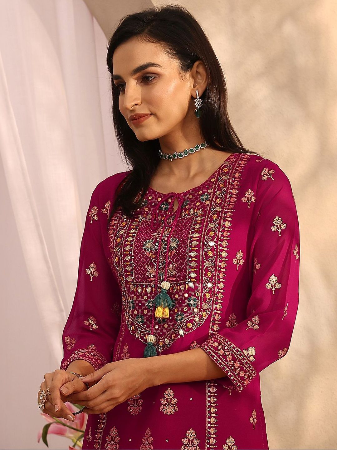 Dhiyona LL Women Ethnic Motifs Embroidered Regular Mirror Work Kurta with Palazzos & With Dupatta