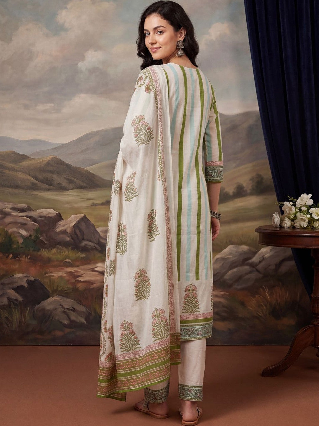 Women Printed Regular Sequinned Pure Cotton Kurta with Trousers & With Dupatta