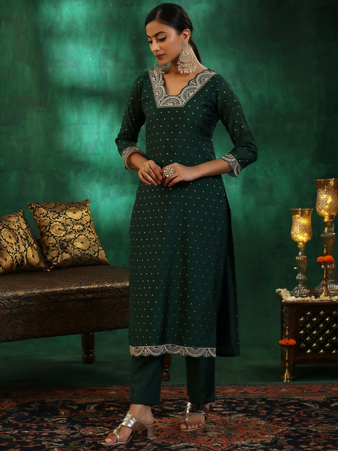 Women's LB Green Self Design Silk blend Straight Suit With Dupatta