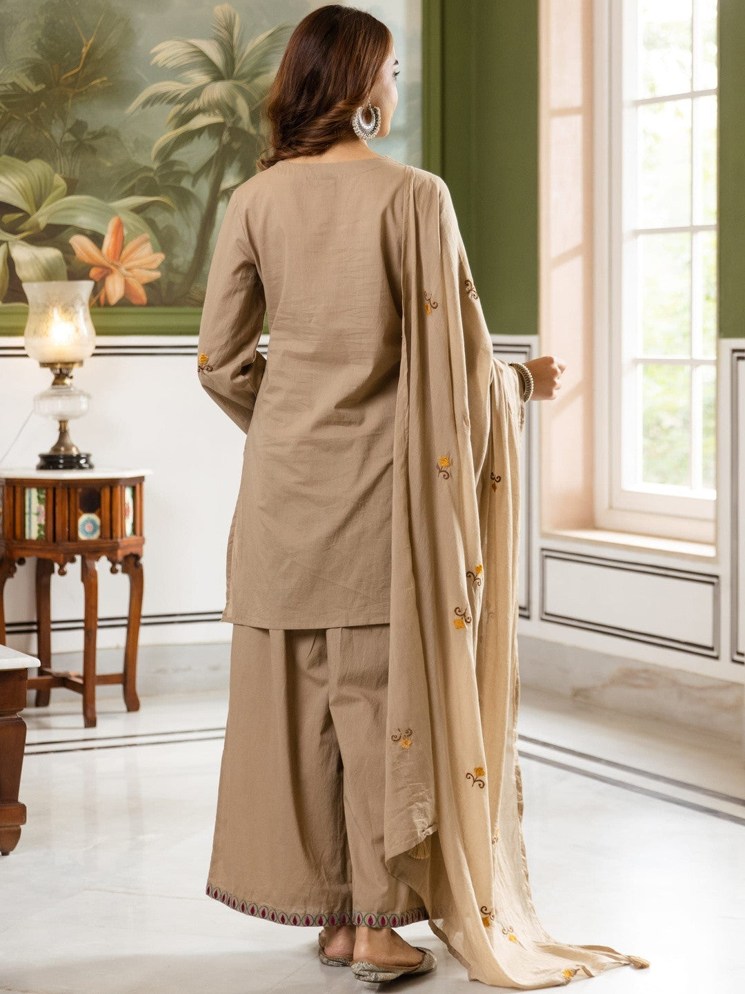 Embroidered Pure Cotton V-Neck Kurta Trousers & Dupatta