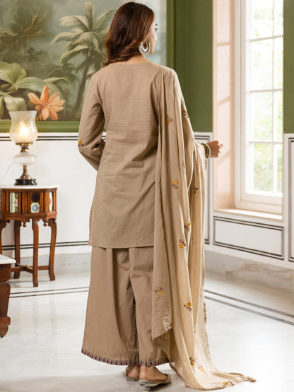 Embroidered Pure Cotton V-Neck Kurta Trousers & Dupatta