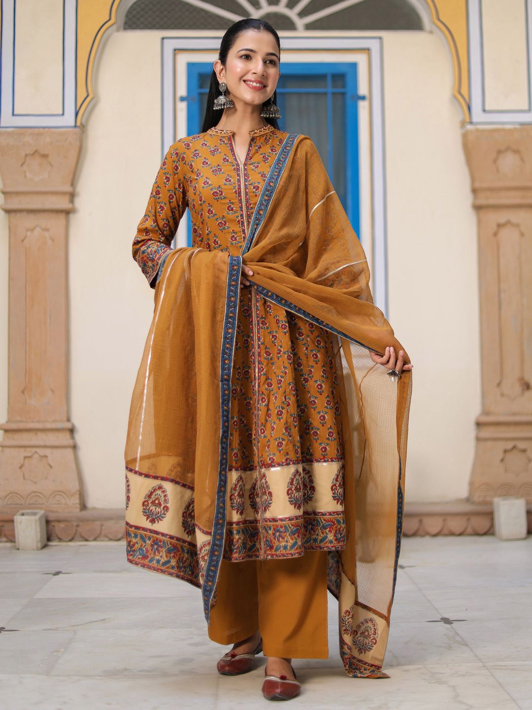 Dhiyona RR Women's Ethnic Motifs Printed Cotton Anarkali Kurta with Trousers & Dupatta