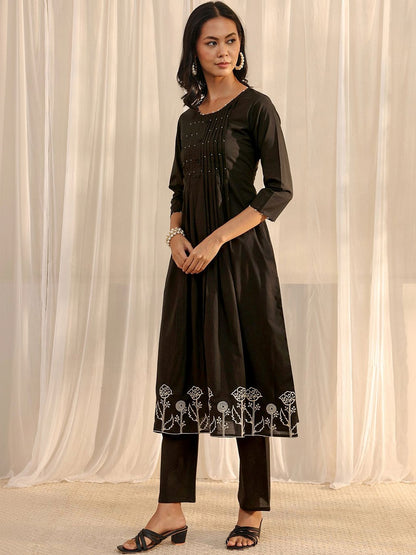 Black Solid Cotton A-Line Suit Set with Dupatta
