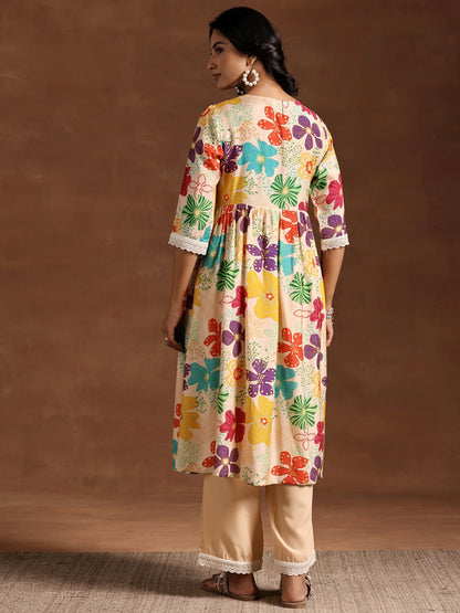 Women Floral Printed Angrakha Kurta with Trousers
