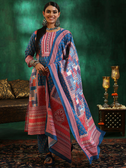 Women's LB Multicoloured Printed Linen Straight Suit With Dupatta