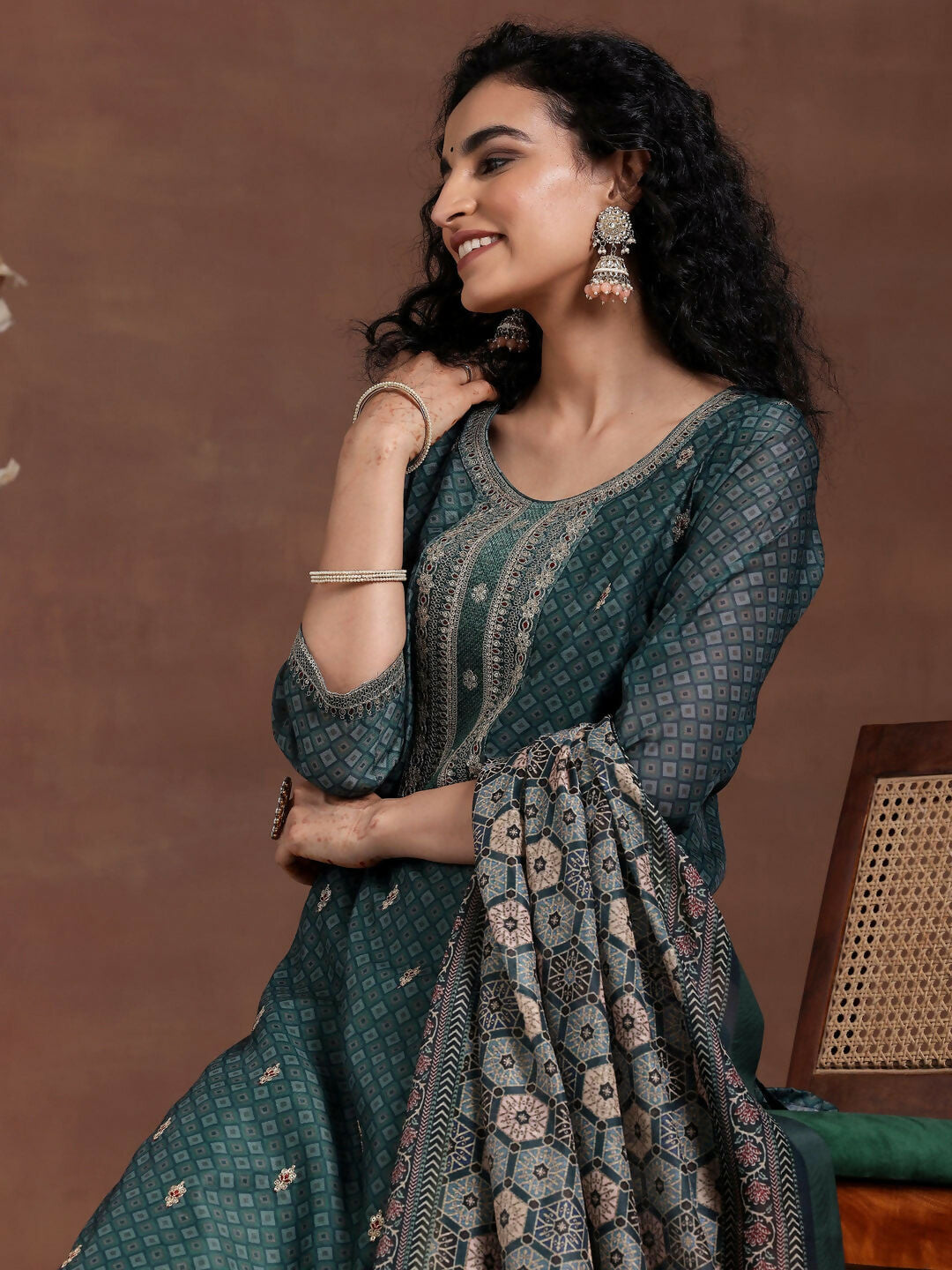 Women's LB Teal Printed Silk Blend Straight Suit With Dupatta