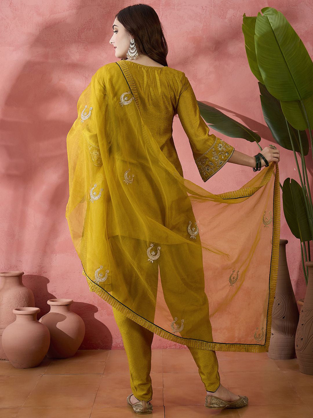 Floral Embroidered Flared Sleeves Zari Straight Kurti With Dhoti Pant & Dupatta