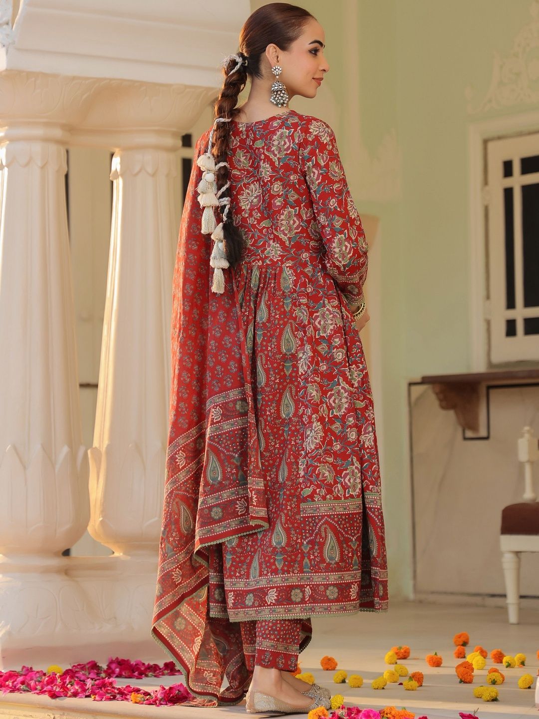 Dhiyona RR Women's Ethnic Motifs Printed Pleated Pure Cotton Kurta with Trousers & With Dupatta