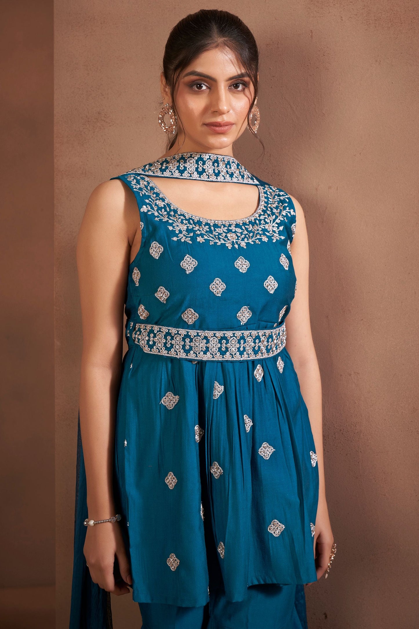 Dhiyona AN Floral Embroidered Thread Work Raw Silk Kurta With Sharara And Dupatta