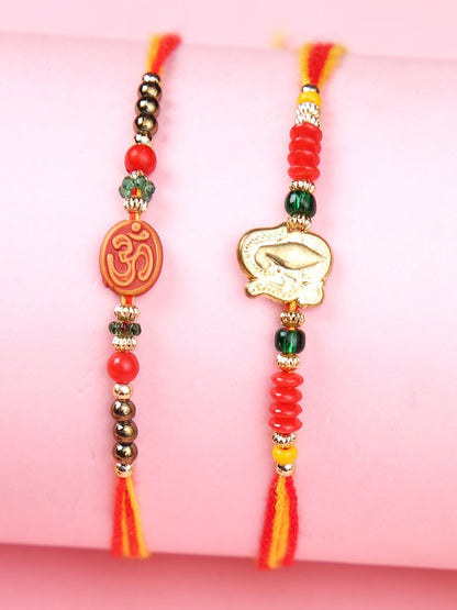 Dhiyona Set Of 2 Red Om & Lord Ganesh Beaded Rakhi With Roli Rice & Greeting Card