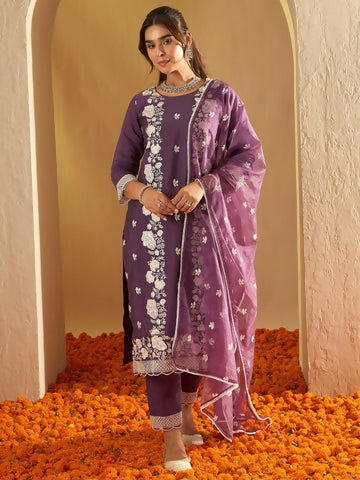 Women's Purple Embroidered Straight Kurta Trousers With Dupatta Set