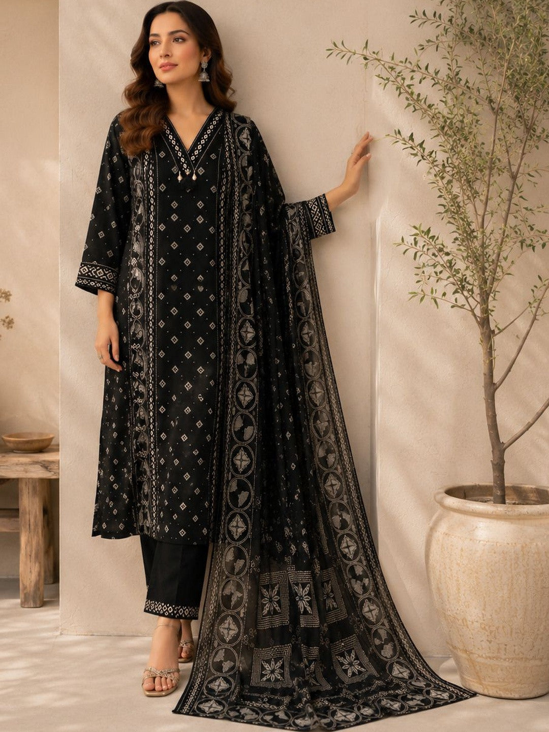Women Ethnic Motifs Printed Regular Thread Work Pure Cotton Kurta with Trousers & With Dupatta