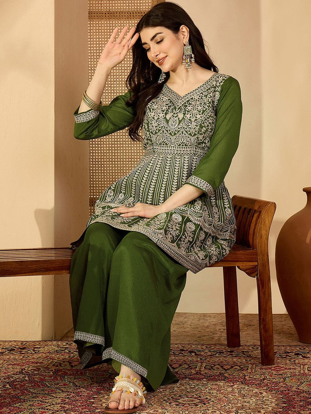 Embroidered V-Neck Straight Kurti & Palazzos Sets