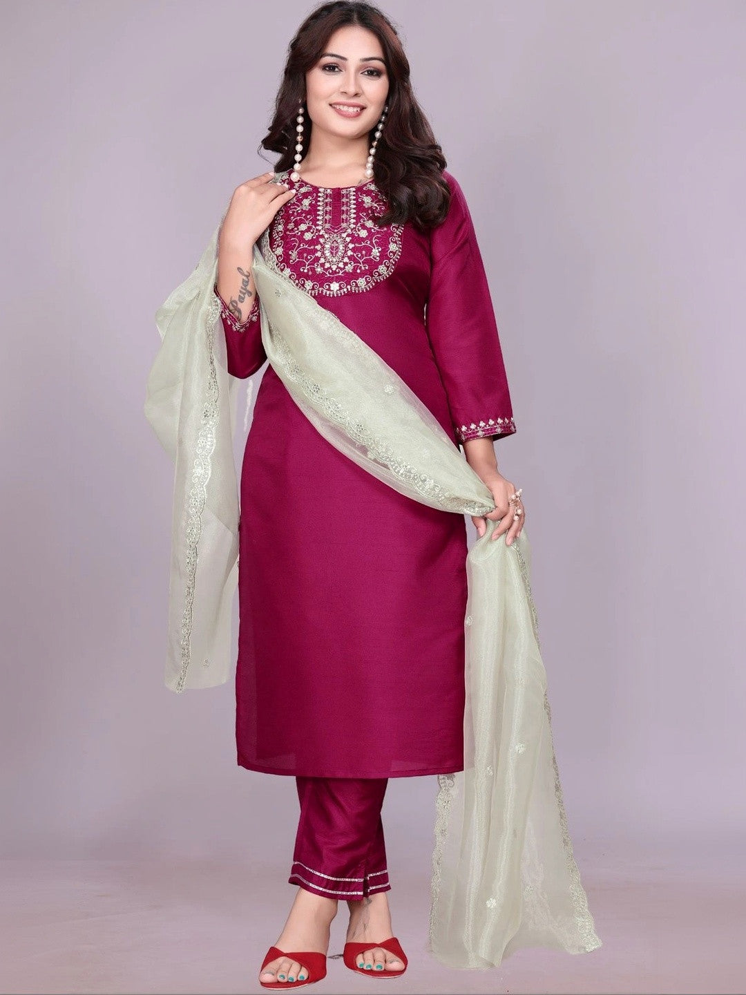 Women Ethnic Motifs Embroidered Regular Thread Work Kurta with Trousers & With Dupatta
